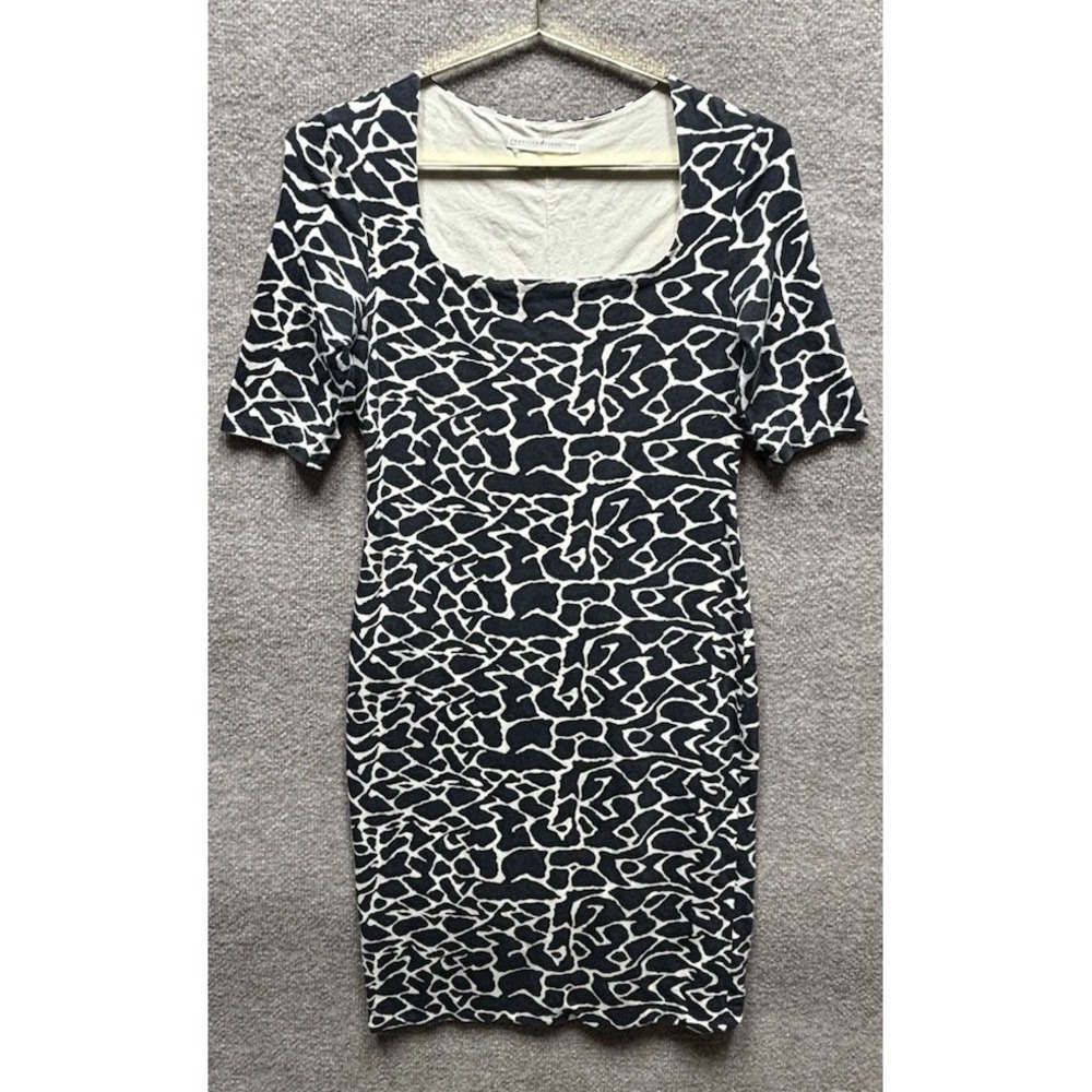 Peruvian Connection Dress Fitted Midi Crackle Print Small Lined Charcoal Beige